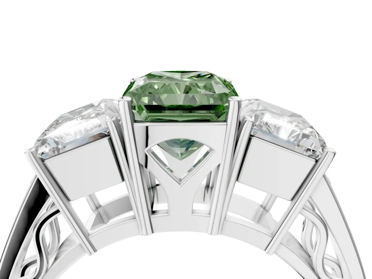 Fancy Green Radiant Cut Diamond Three-Stone Ring with Prong Setting and Textured Band Platinum