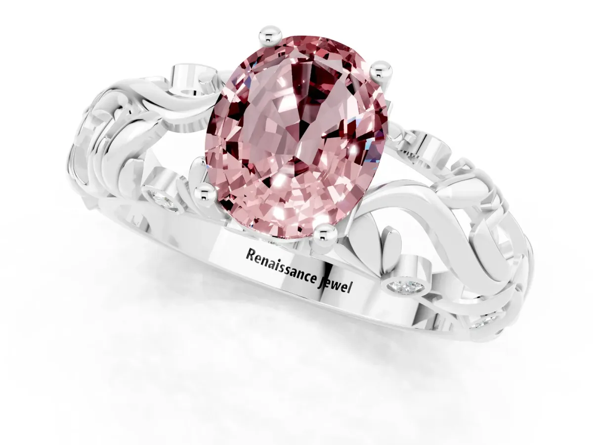 Oval Cut Solitaire Morganite Leaf-Inspired Vine Band Ring with Prong Setting White gold