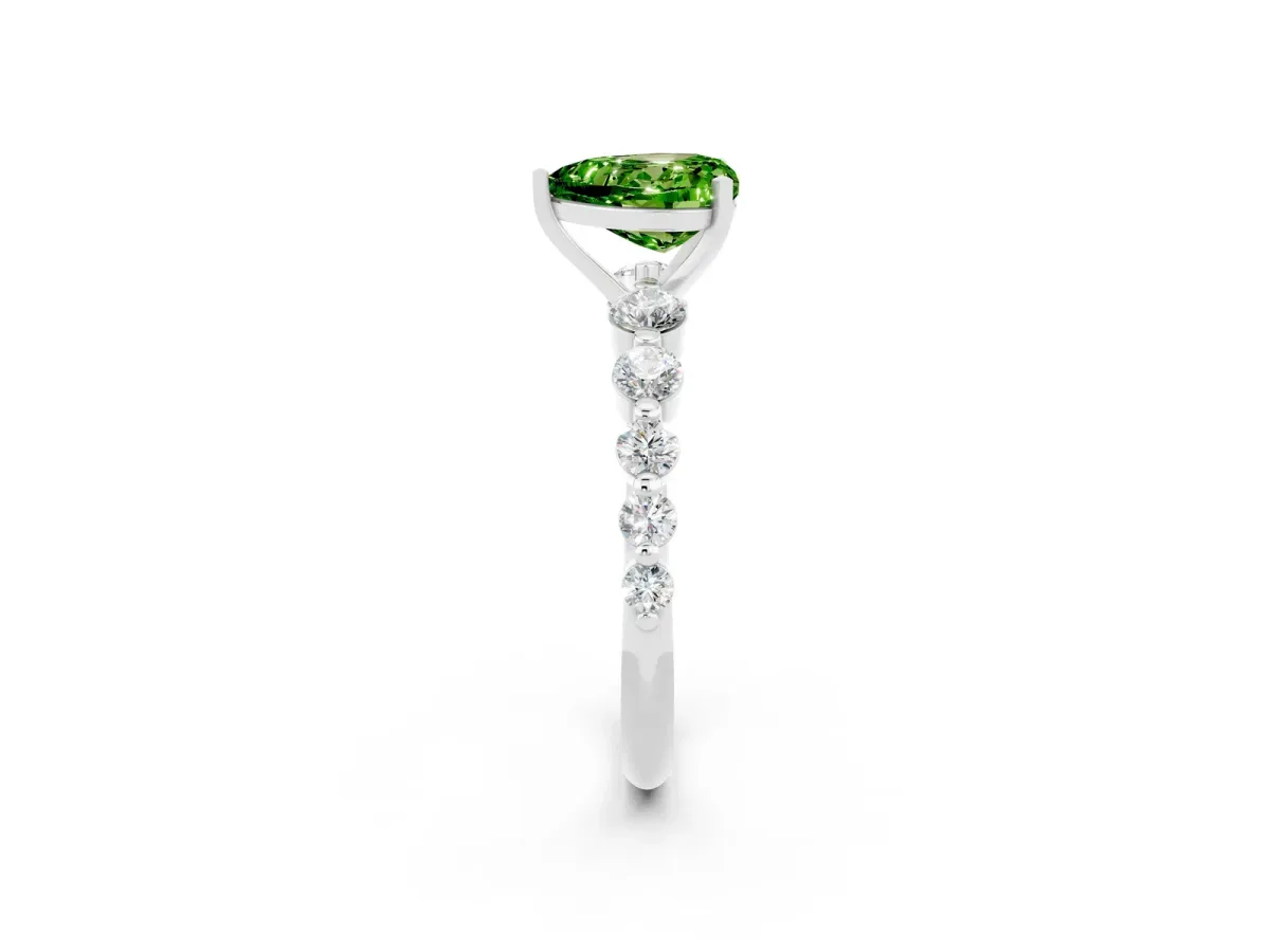Heart Cut Solitaire Peridot Ring with Pave Band and Four-Prong Setting Platinum