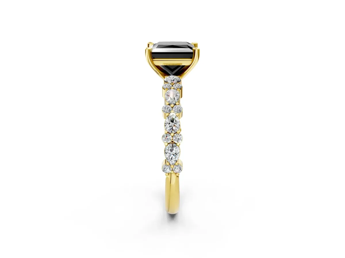 Fancy Black Princess Cut Diamond Side Stone Solitaire Ring with Round and Four-Prong Setting Yellow gold