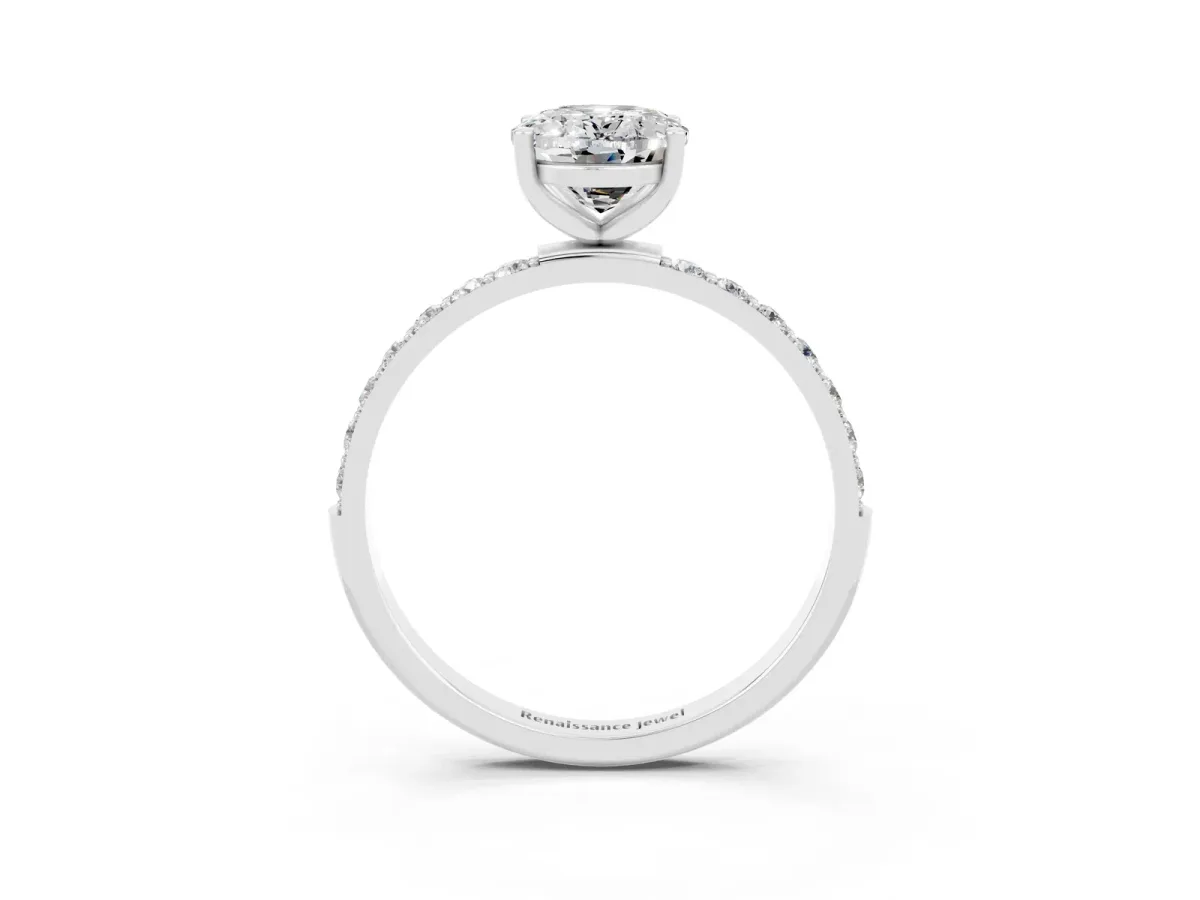 Oval Cut Moissanite Solitaire Ring with Round Pavé Band and Prong Setting Silver