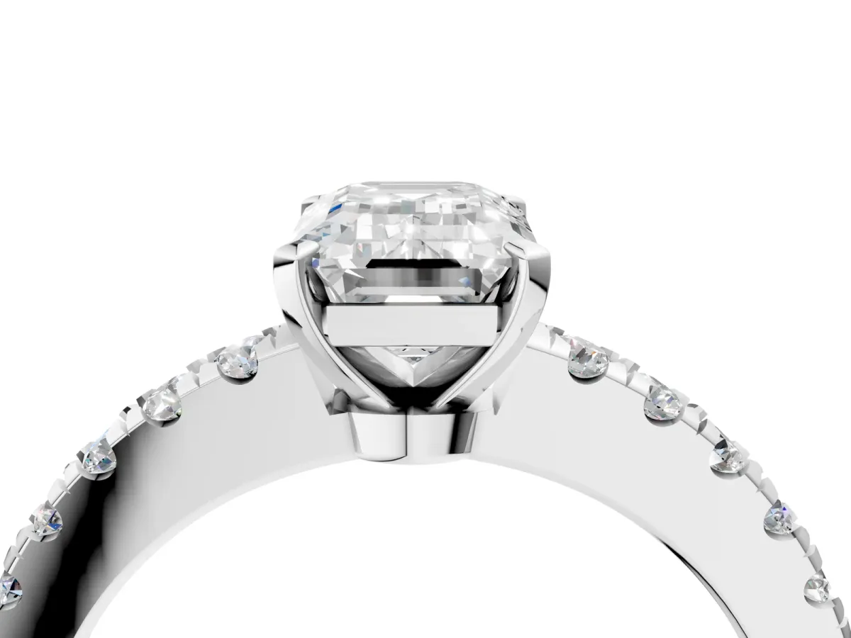 Emerald Cut Solitaire Diamond with Pavé Band and Four-Prong Setting Silver