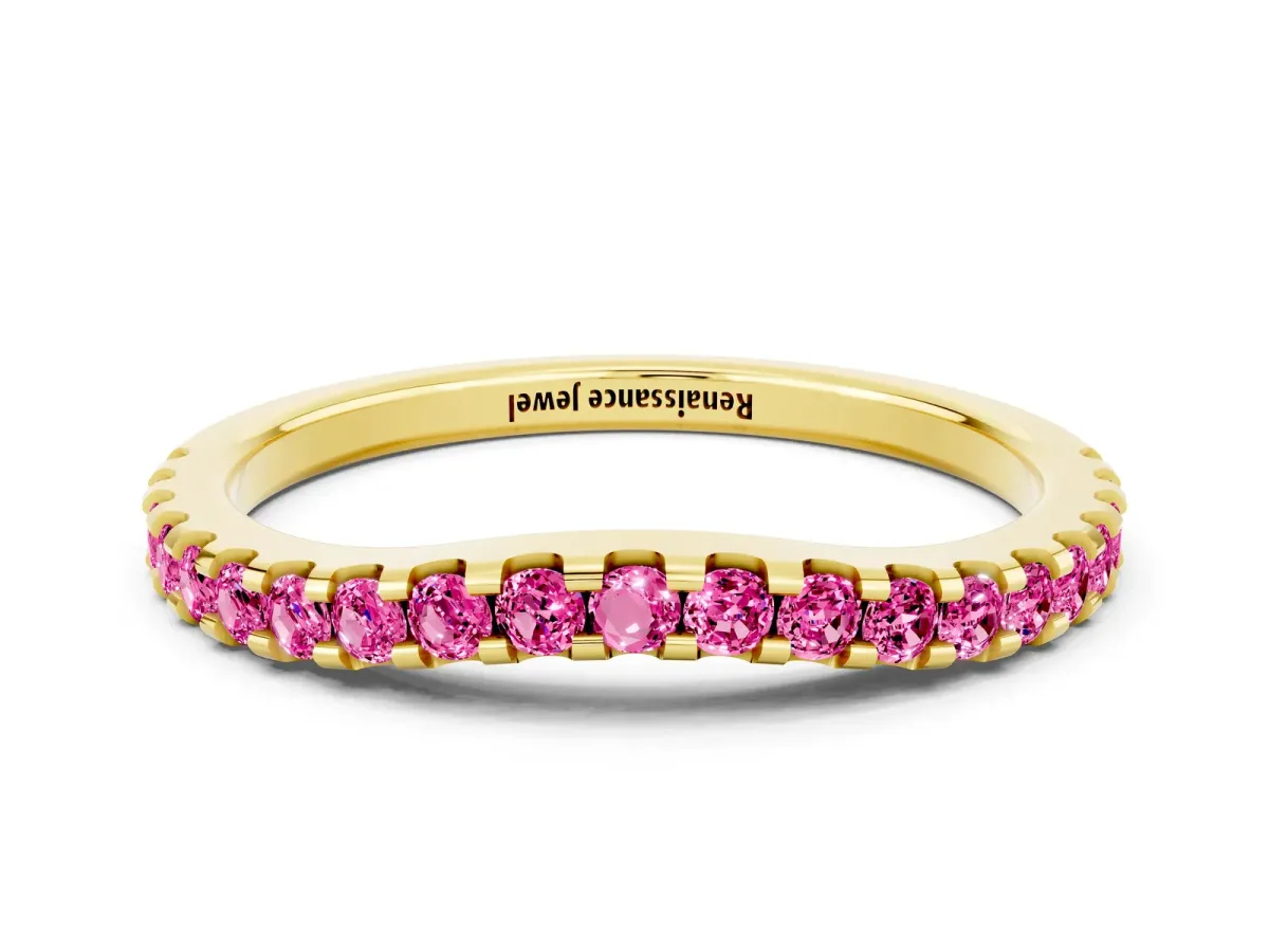 Round Pink Sapphire Pavé Curved Wedding Band Yellow gold