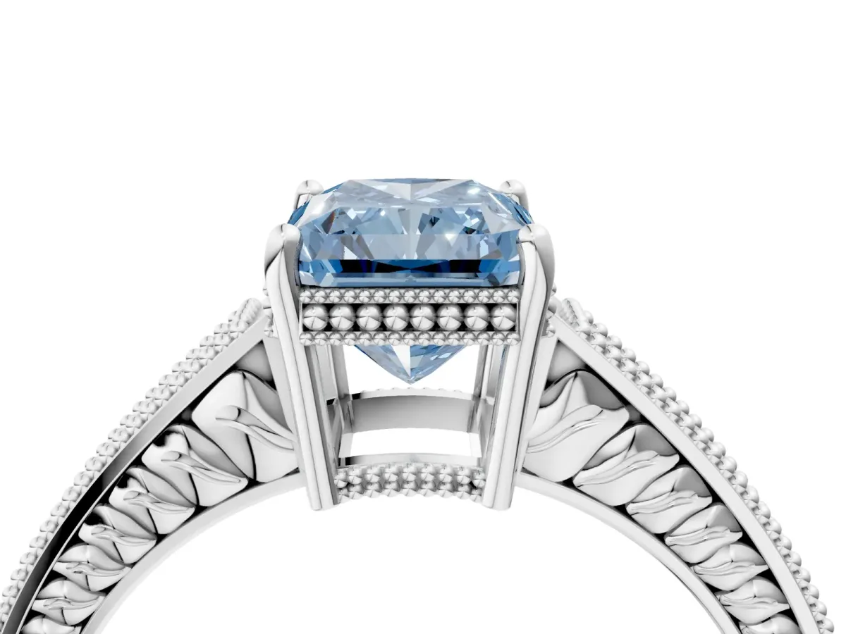 Fancy Blue Radiant Cut Cut Diamond Milgrain Pave Band Four-Prong Setting Ring Platinum