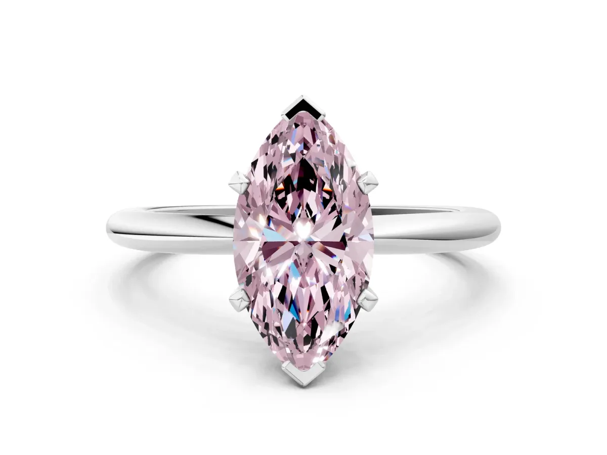 Fancy Pink Marquise Cut Diamond Solitaire Ring with Six-Prong Setting and Classic Band Silver
