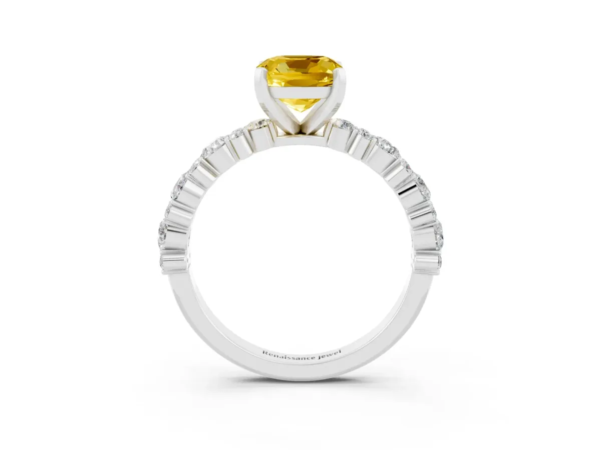 Cushion Cut Yellow Sapphire Side Stone Solitaire Ring with Round and Four-Prong Setting Platinum