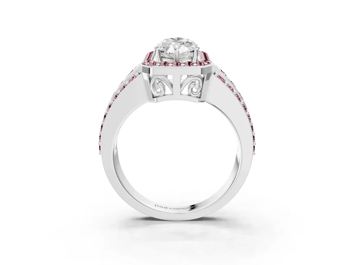 Marquise Cut Halo Diamond Ring with Round Morganite Split Shank and Prong Setting Silver