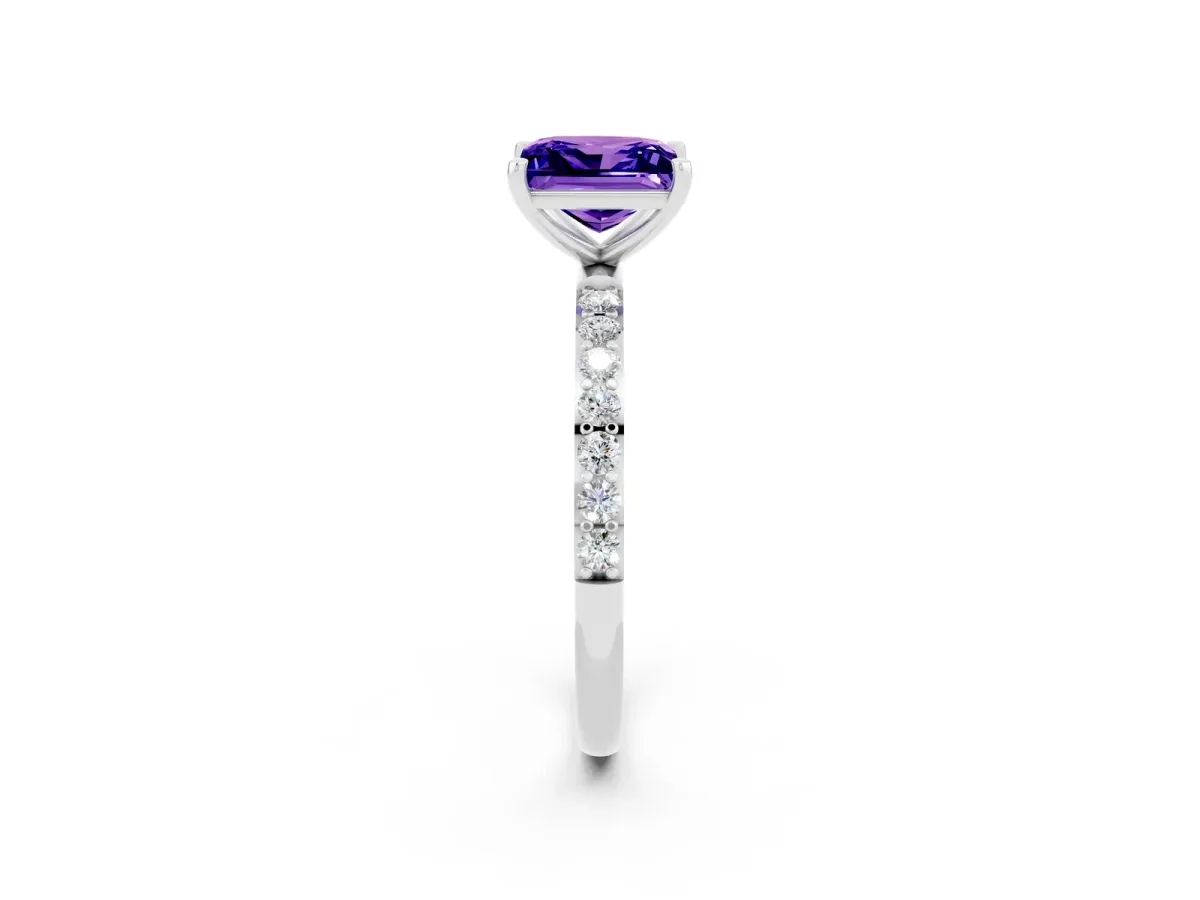 Princess Cut Tanzanite Solitaire Ring with Round Pavé Band and Prong Setting Silver