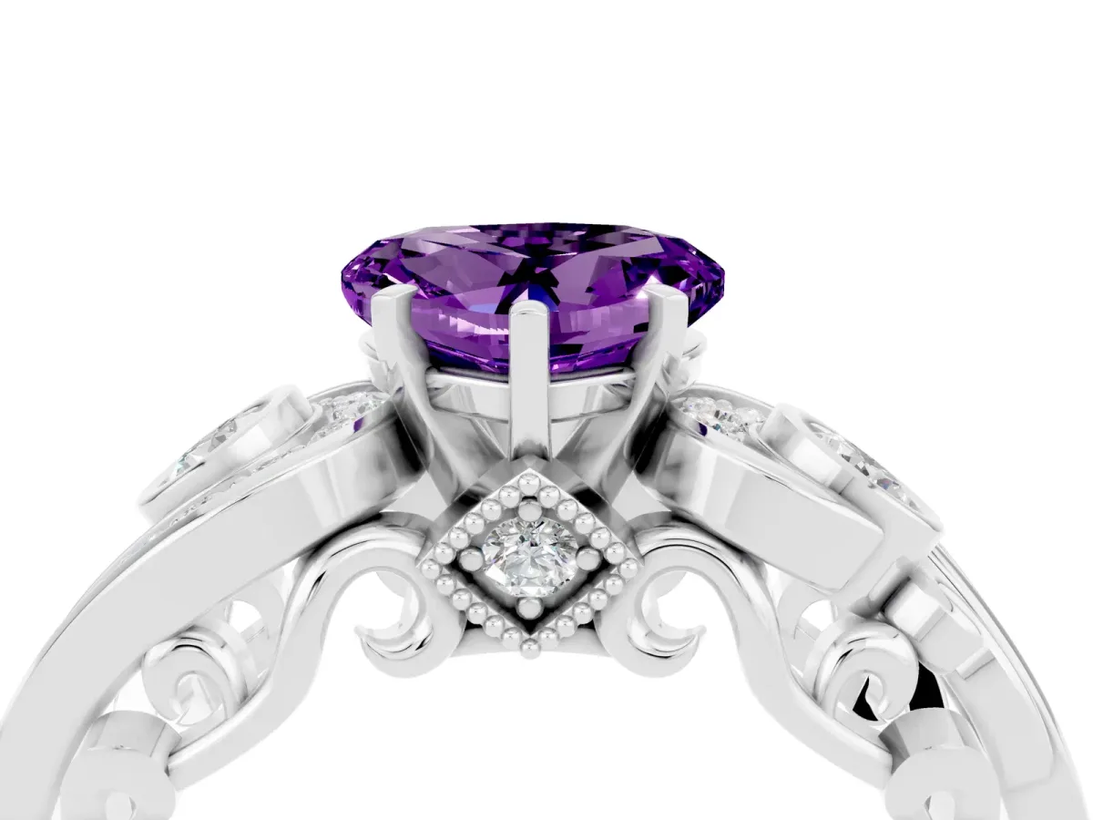 Heart Cut Amethyst Solitaire Ring with Milgrain Pavé Band and Four-Prong Setting Silver