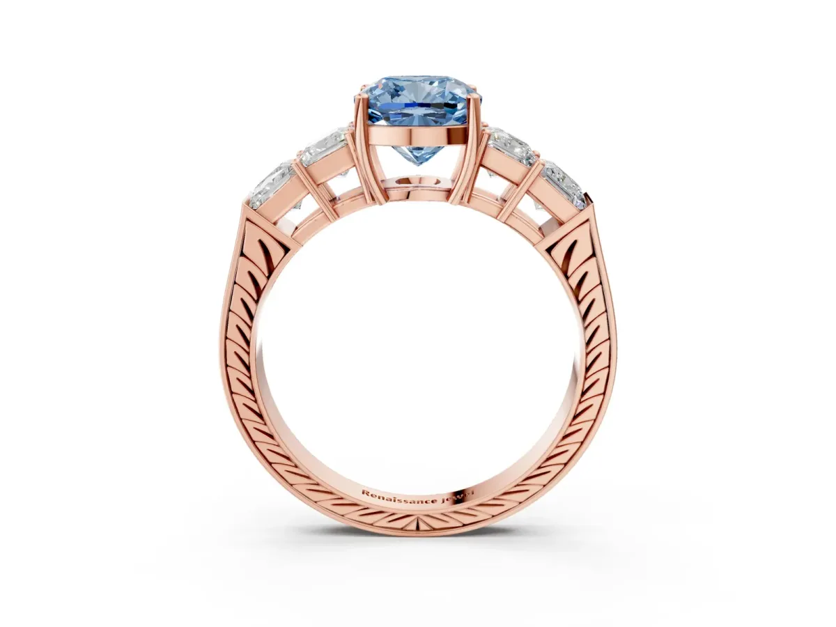 Fancy Blue Cushion Cut Solitaire Princess Side Stone Engraved Band Prong Setting Ring Rose gold