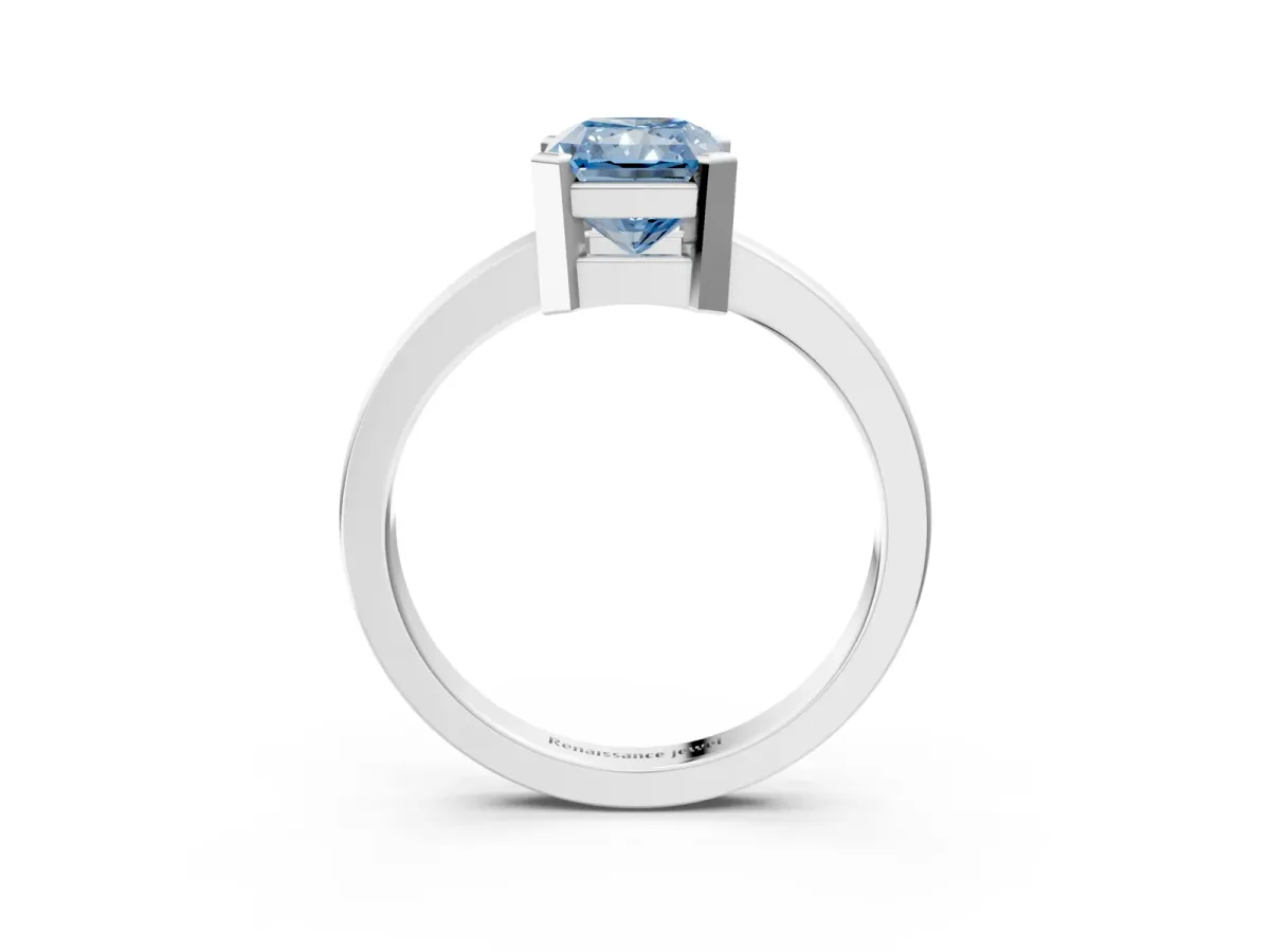 Fancy Blue Radiant Cut Cut Solitaire Ring with Four-Prong Setting and Classic Band Platinum