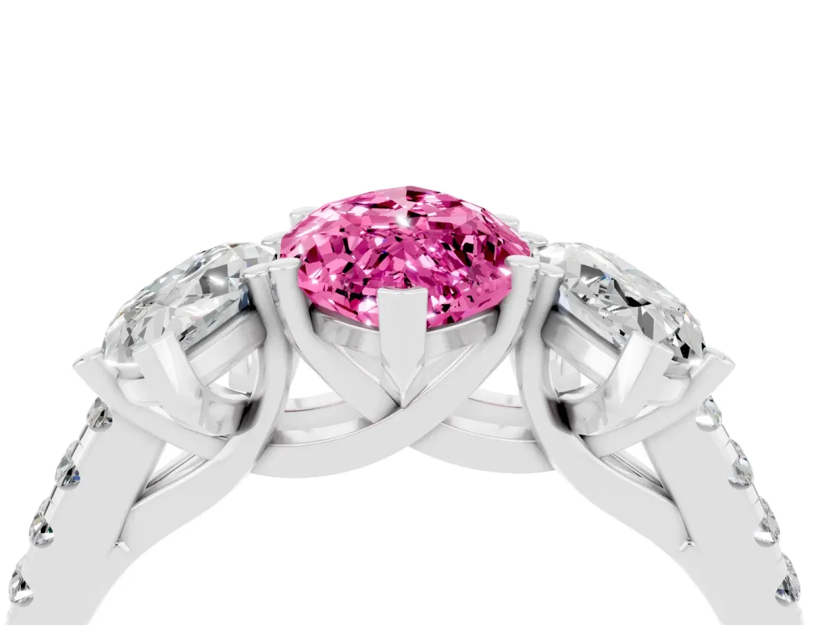 Three-Stone Marquise Cut Pink Sapphire Ring with Round Pavé Band and Prong Setting Silver