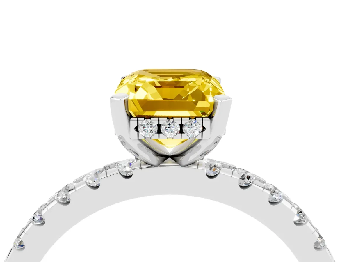 Emerald Cut Yellow Sapphire Solitaire Ring with Round Pavé Band and Four-Prong Setting Silver