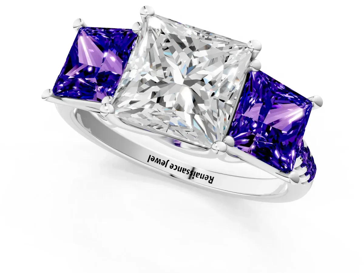 Three-Stone Princess Cut Diamond Ring with Round Tanzanite Pavé Band and Prong Setting Silver
