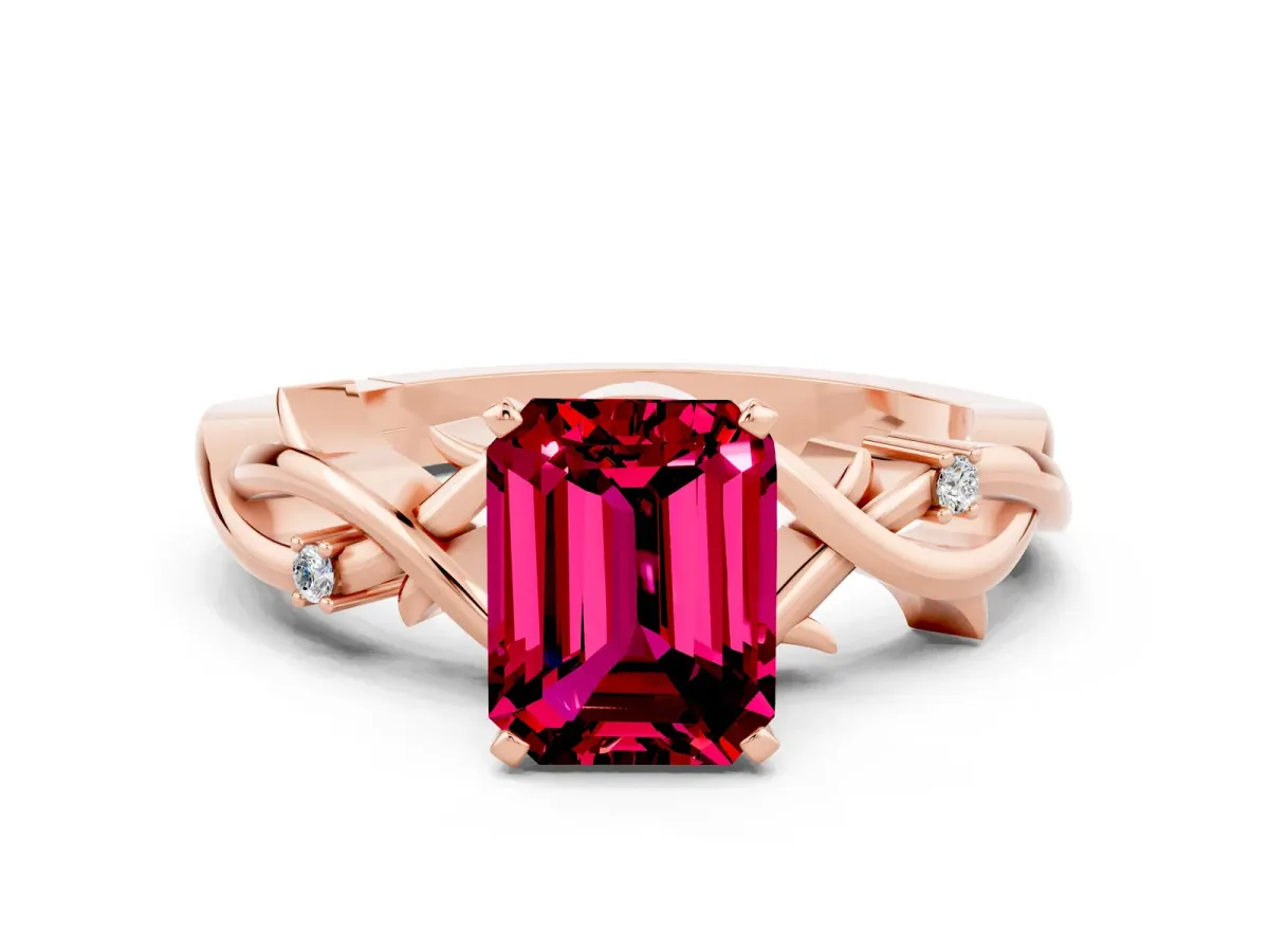 Emerald Cut Garnet Solitaire Ring with Twisted Band and Prong Setting Rose gold