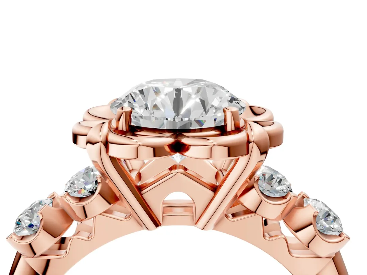 Round Cut Cut Diamond Floral Halo Engagement Ring with Shared Prong Setting Rose gold