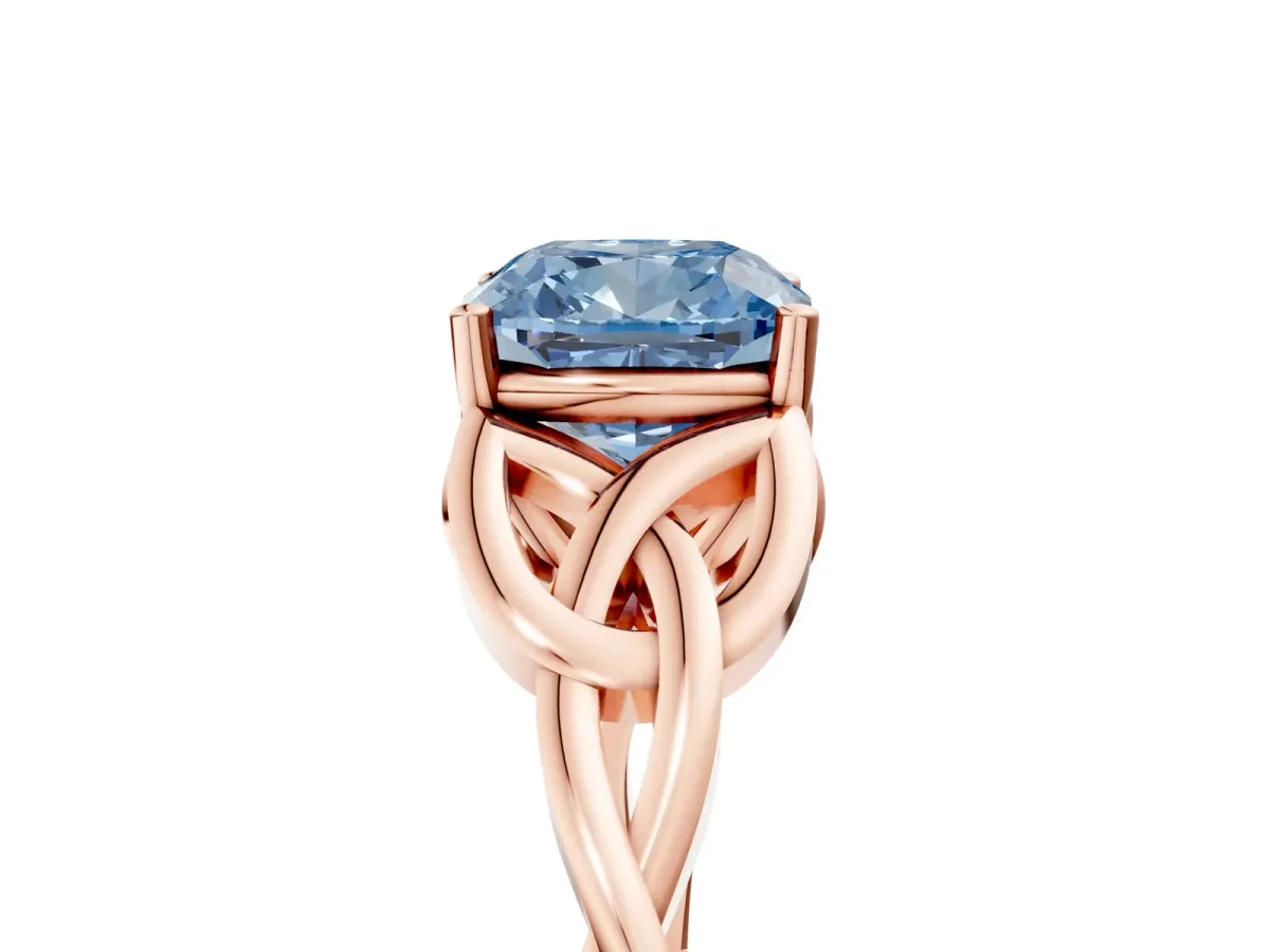 Fancy Blue Cushion Cut Diamond Solitaire Celtic Knot Ring with Four-Prong Setting Rose gold