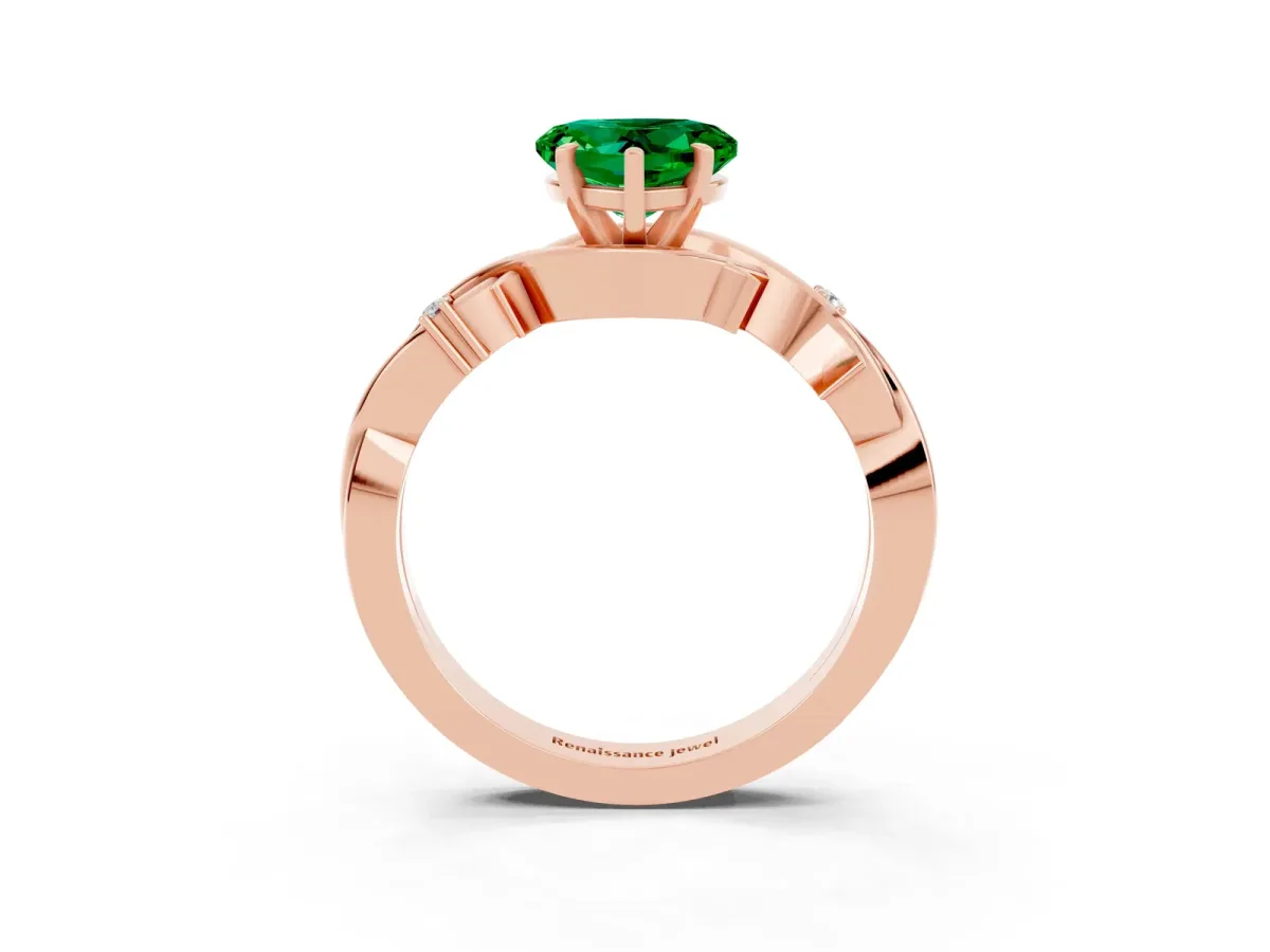 Heart Cut Emerald Solitaire Ring with Twisted Band and Prong Setting Rose gold