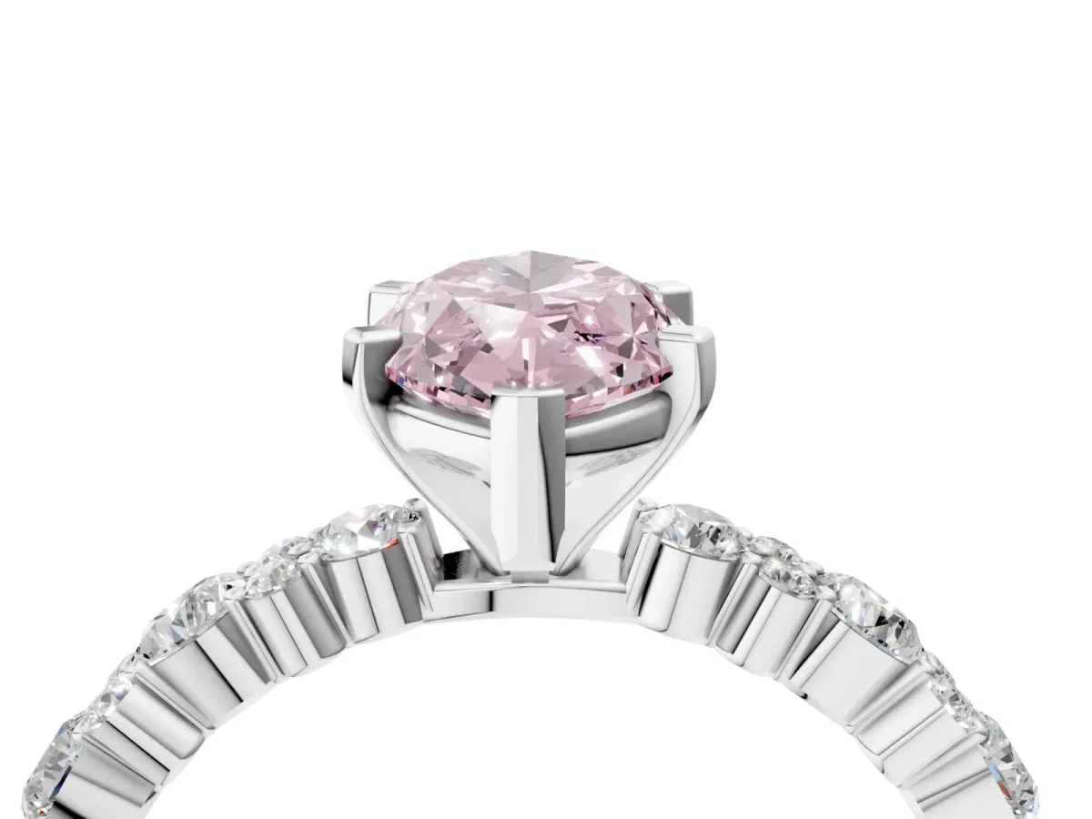 Fancy Pink Marquise Cut Diamond Side Stone Solitaire Ring with Round and Four-Prong Setting Silver
