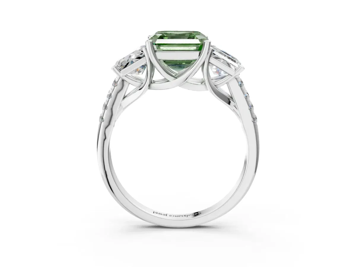 Fancy Green Three-Stone Asscher Cut Diamond Ring with Round Pavé Band and Prong Setting Silver