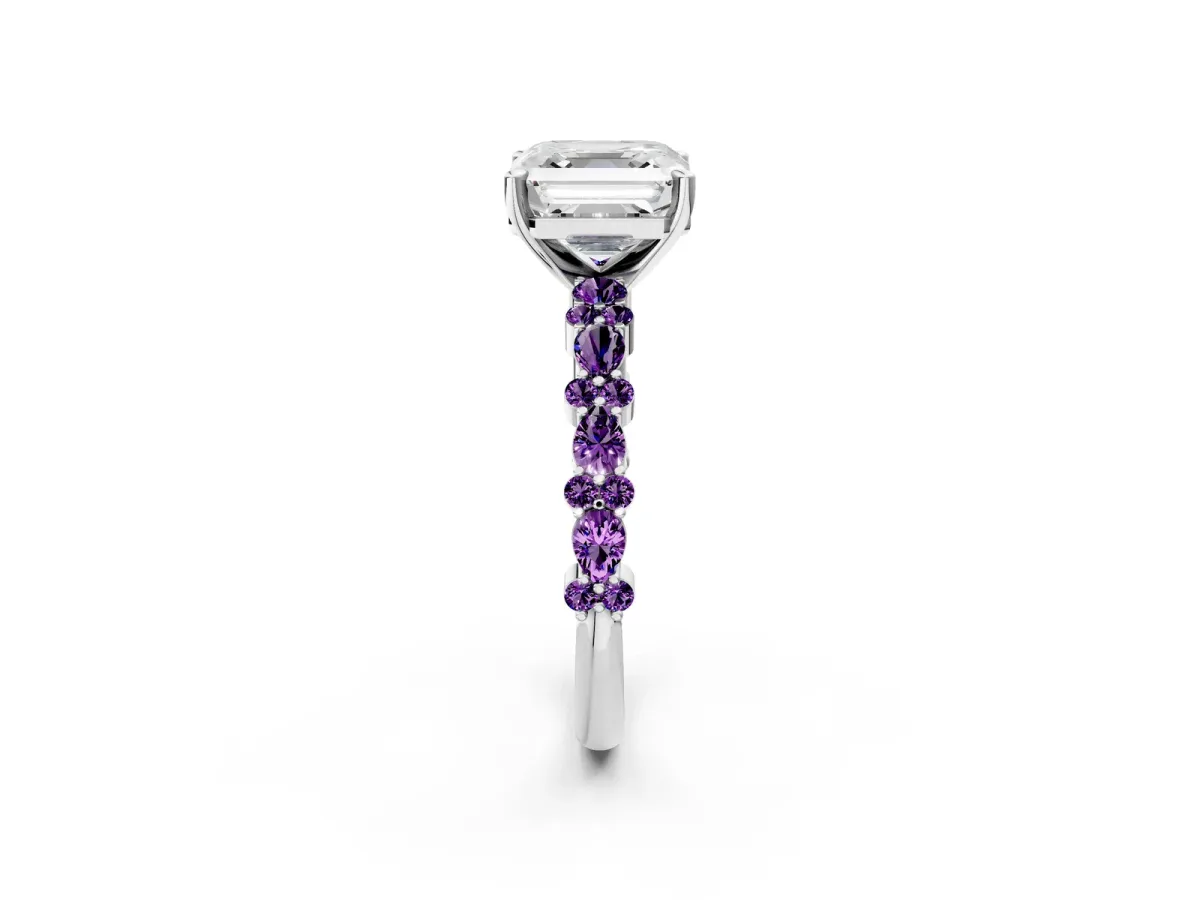 Asscher Cut Diamond Side Stone Solitaire Ring with Round Amethyst and Four-Prong Setting Silver