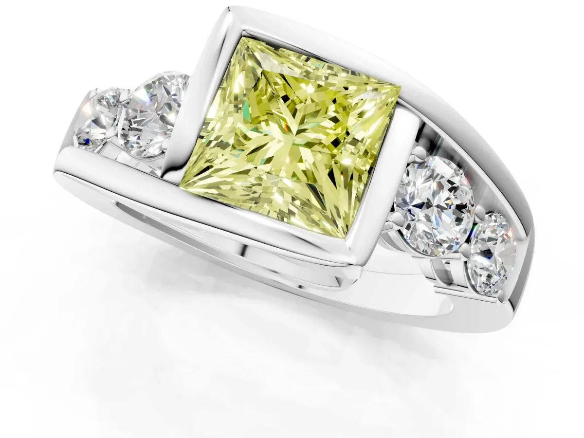 Fancy Yellow Bezel Set Princess Cut Diamond Bypass Ring with Round Accents Platinum