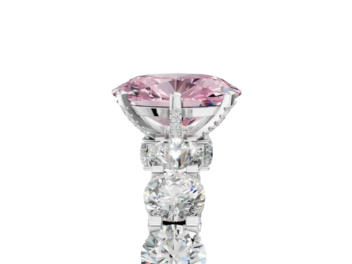 Fancy Pink Oval Cut Diamond Side Stone Engagement Ring with Four-Prong Setting Silver