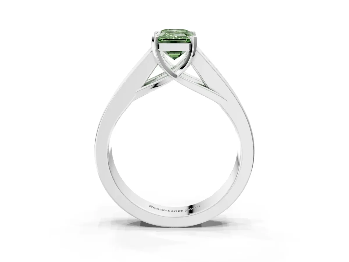 Fancy Green Emerald Cut Cut Channel Set Solitaire Ring with Four-Prong Setting White gold