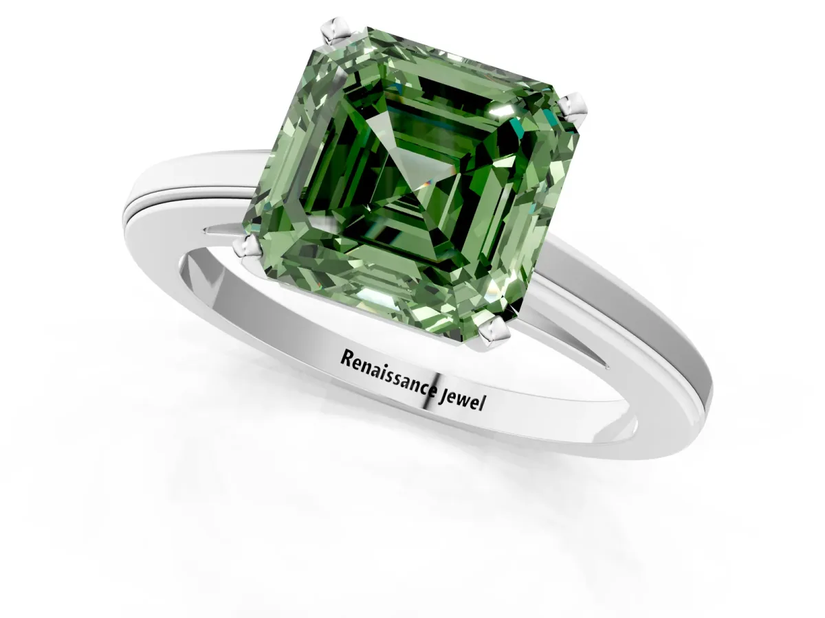 Fancy Green Asscher Cut Solitaire Diamond Ring with Four-Prong Setting and Classic Band Platinum