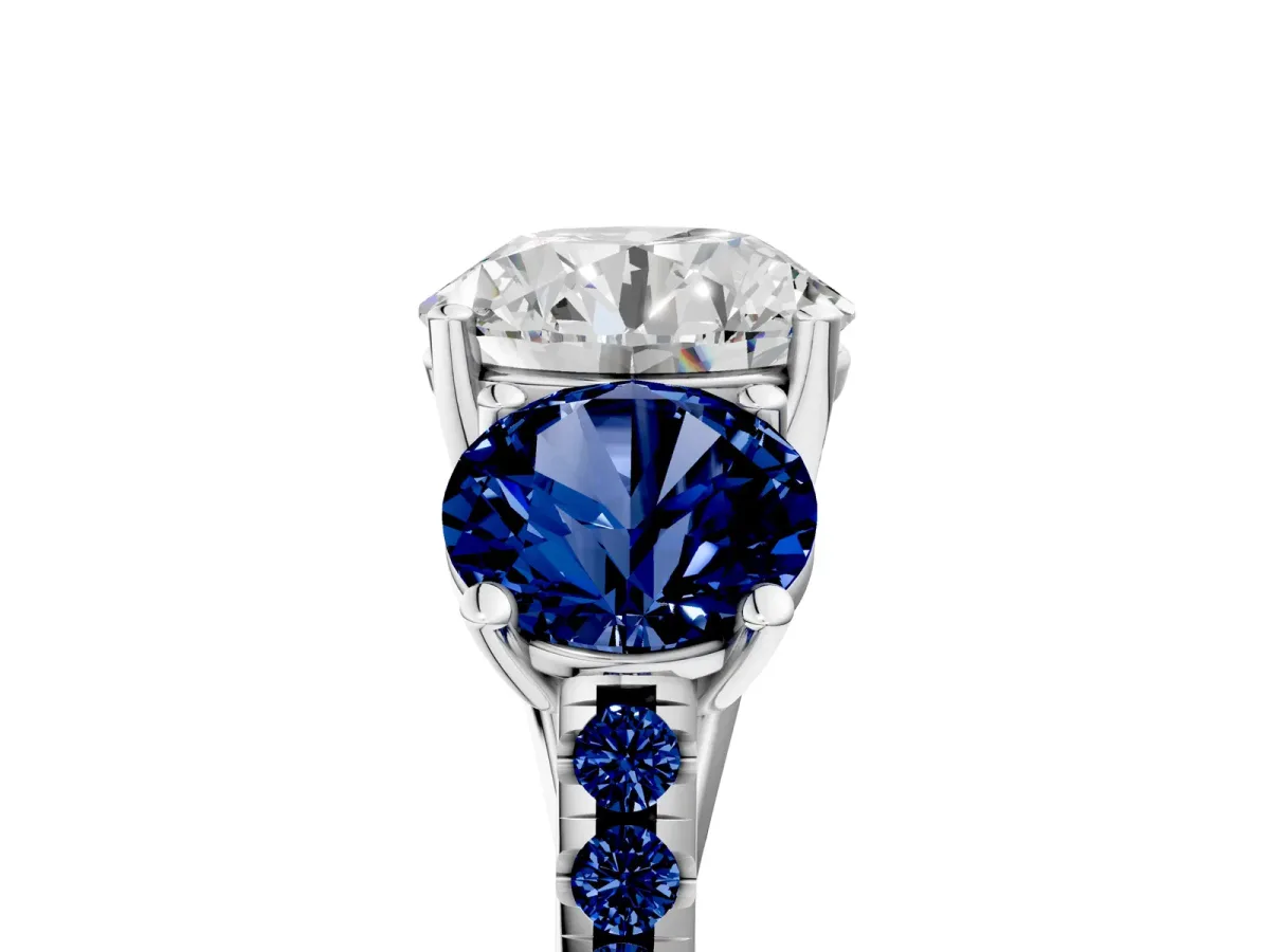 Three-Stone Round Cut Diamond Ring with Round Blue Sapphire Pavé Band and Prong Setting Silver