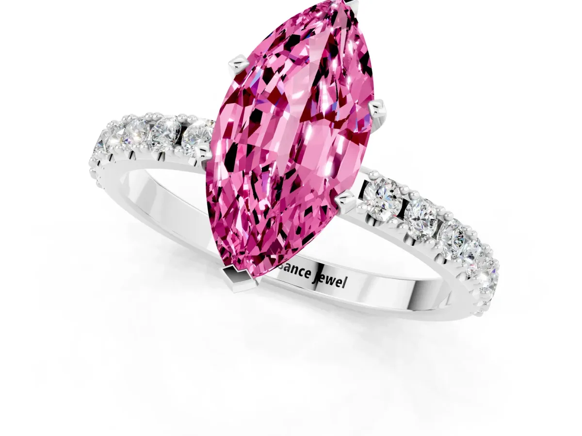 Marquise Cut Pink Sapphire Solitaire Pavé Band with Four-Prong Setting Silver