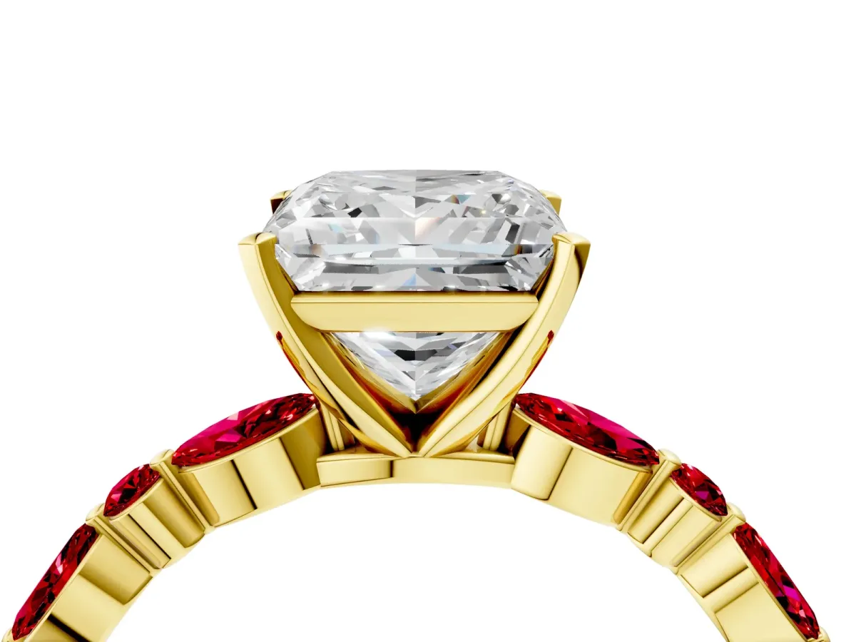 Princess Cut Diamond Ring with Marquise and Round Ruby Side Stones and Four-Prong Setting Yellow gold