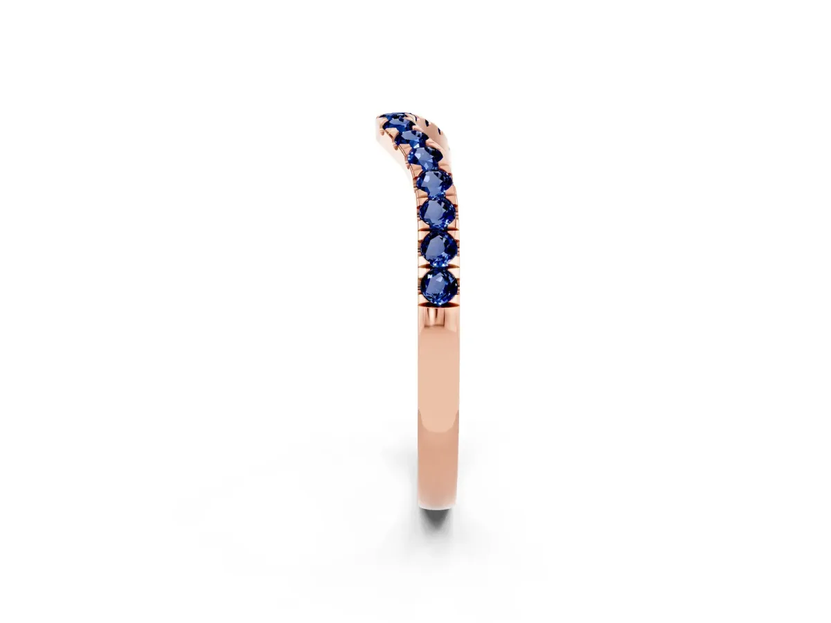 Curved Pavé Round Blue Sapphire Wedding Band with Shared Prong Setting Rose gold