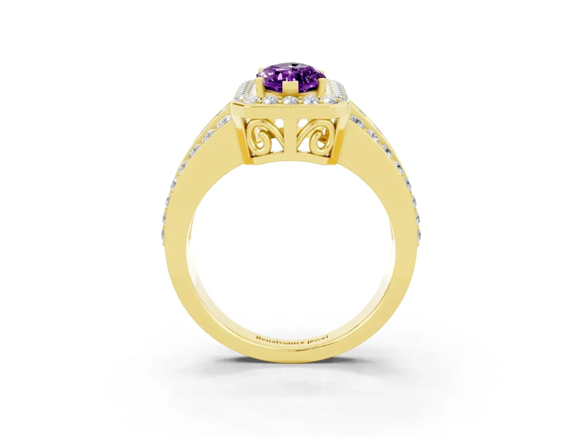 Marquise Cut Halo Amethyst Ring with Round Split Shank and Prong Setting Yellow gold