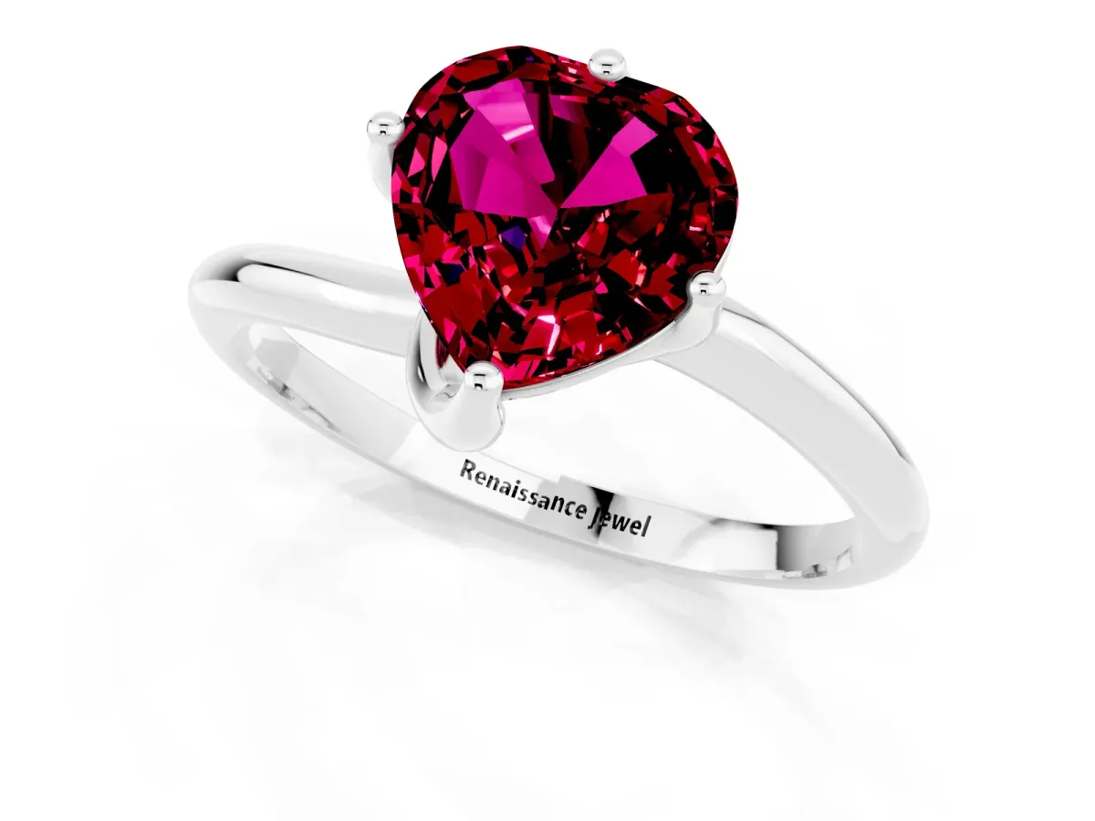 Heart Cut Garnet Solitaire Engagement Ring with Four-Prong Setting and Classic Band Silver