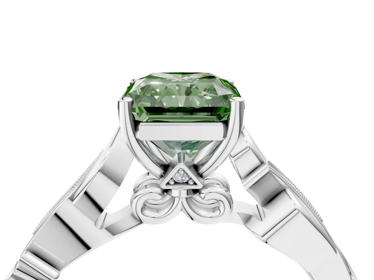 Fancy Green Radiant Cut Solitaire Vine Band with Milgrain Prong Setting Platinum