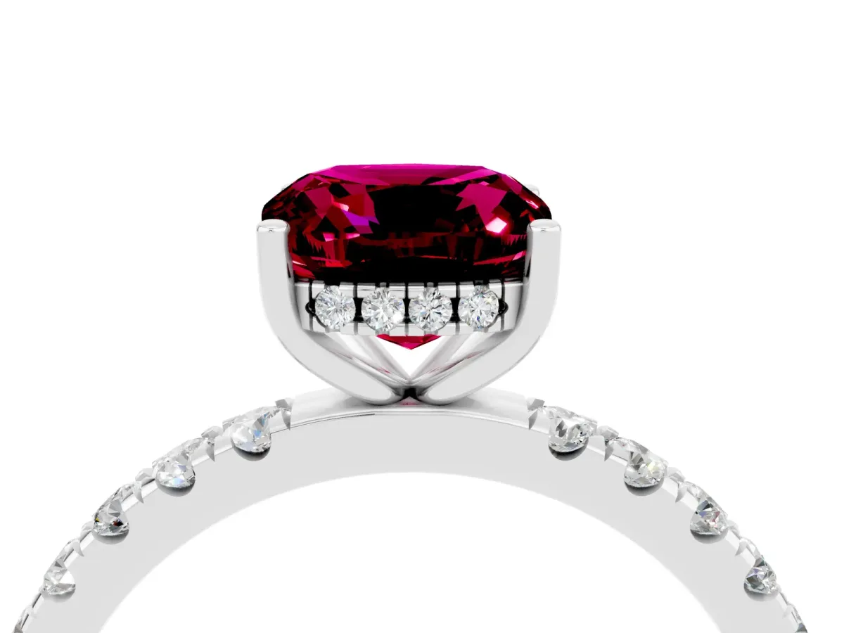 Cushion Cut Garnet Pave Band Solitaire Ring with Round and Prong Setting Platinum