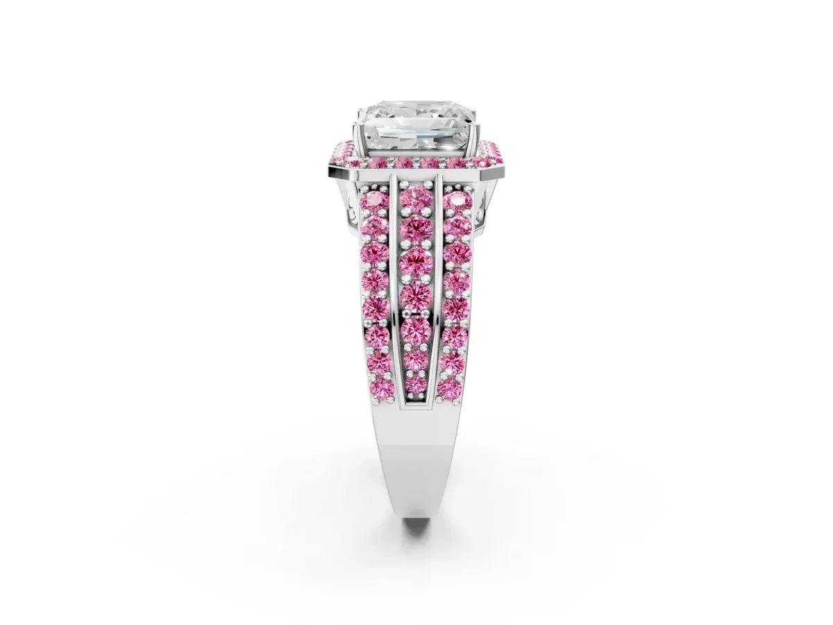 Princess Cut Halo Diamond Ring with Round Pink Sapphire Split Shank and Prong Setting Silver