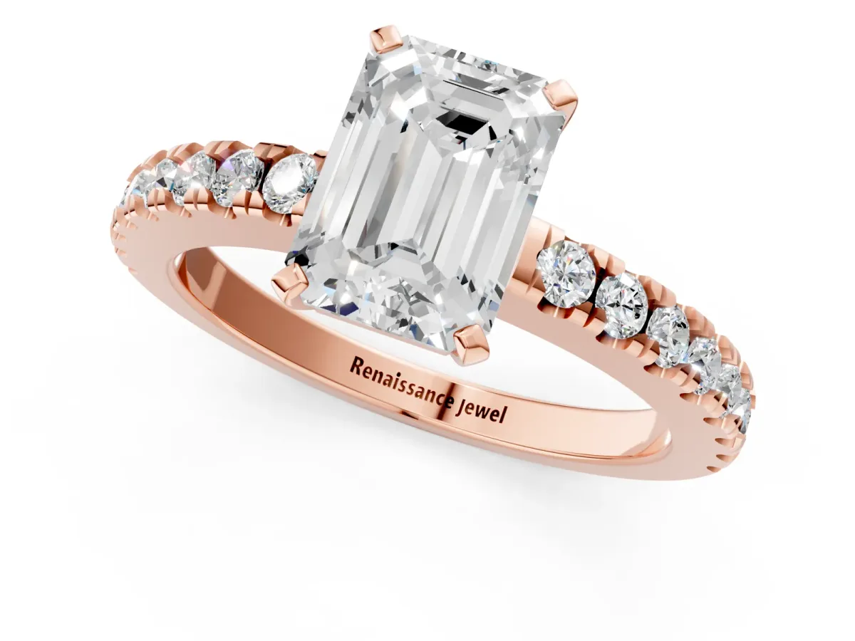 Emerald Cut Solitaire Diamond with Pavé Band and Four-Prong Setting Rose gold