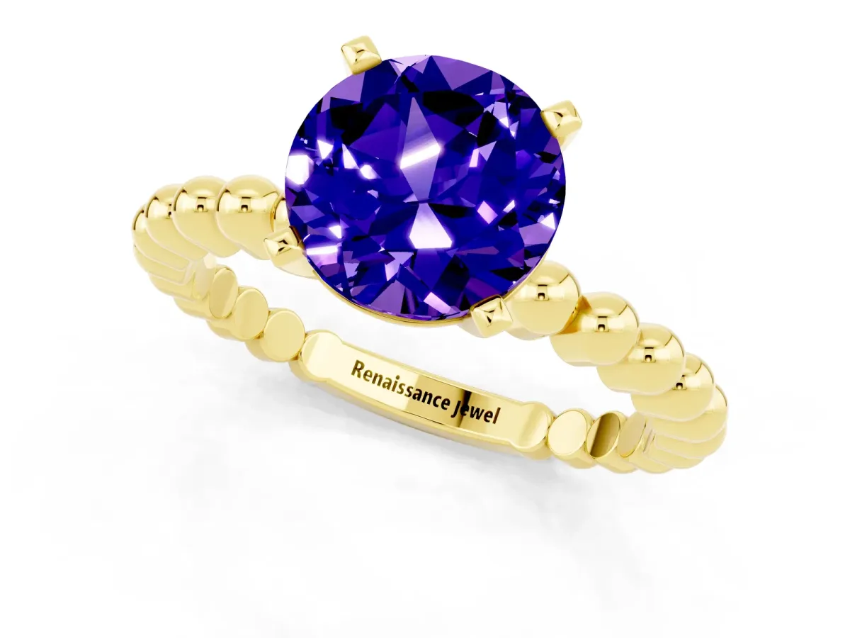 Round Cut Tanzanite Solitaire Ring with Beaded Band and Prong Setting Yellow gold