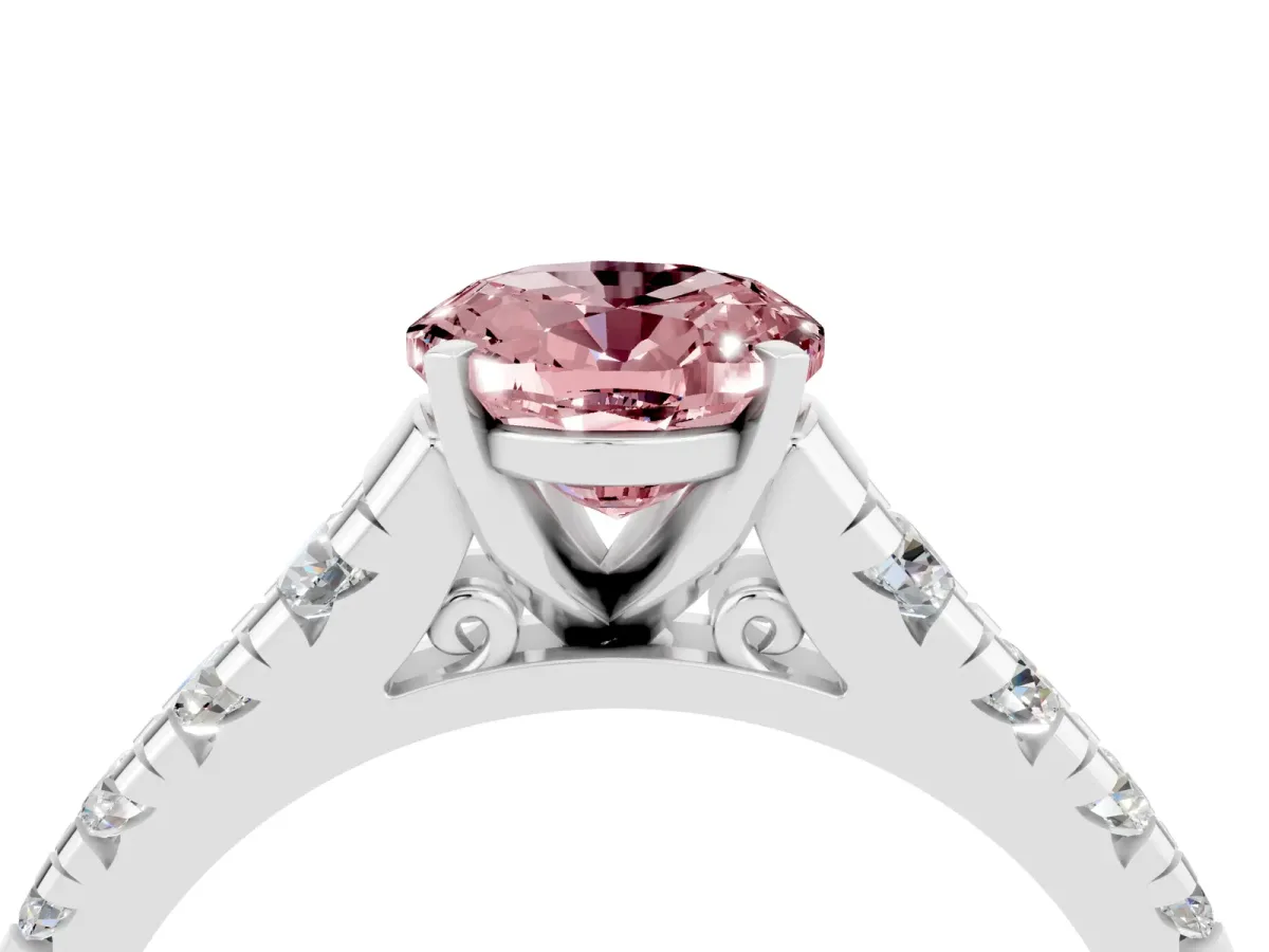 Oval Cut Morganite Cathedral Solitaire Ring with Round Pavé Band Platinum
