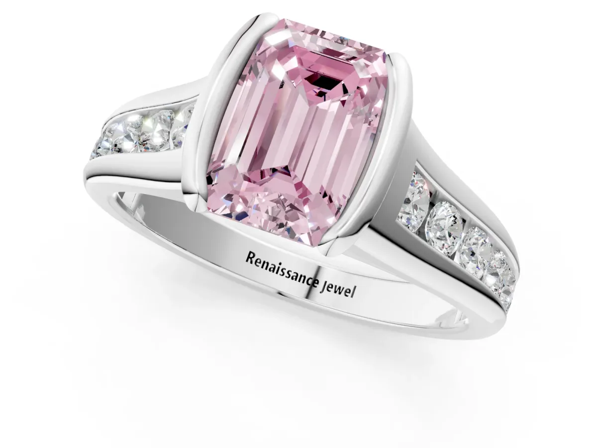 Fancy Pink Emerald Cut Solitaire Bezel-Set Diamond Ring with Channel-Set Band Platinum