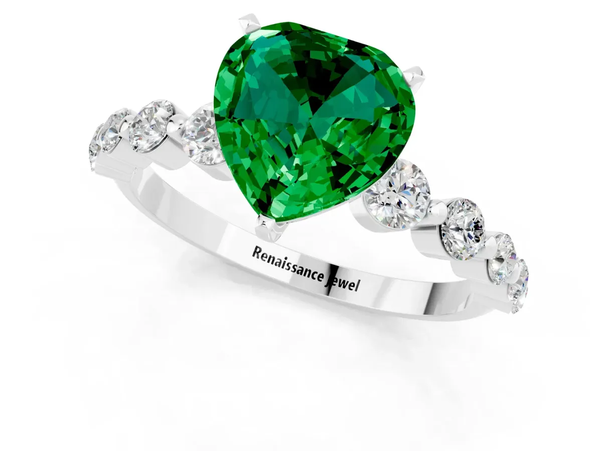 Heart Cut Solitaire Emerald Ring with Pave Band and Four-Prong Setting Platinum