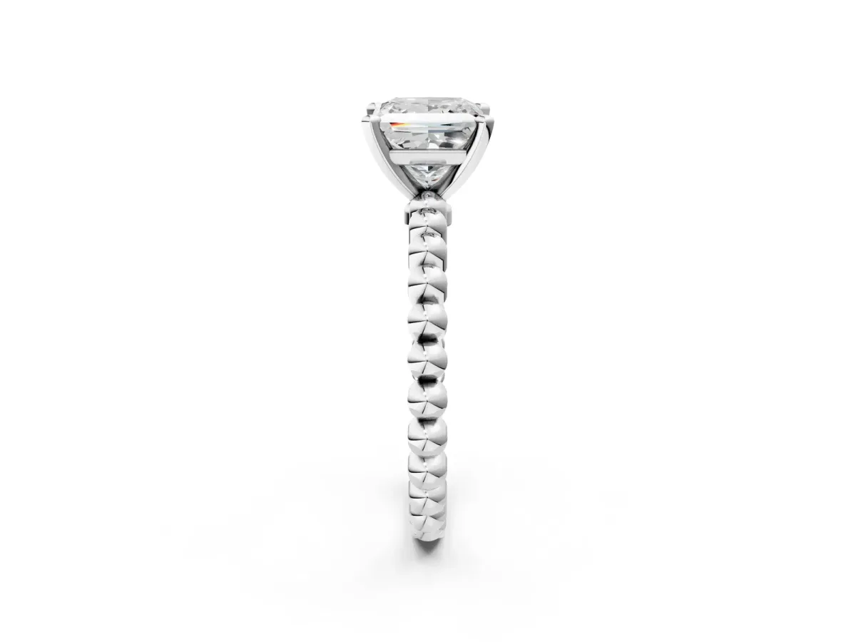 Princess Cut Diamond Solitaire Ring with Beaded Band and Prong Setting White gold