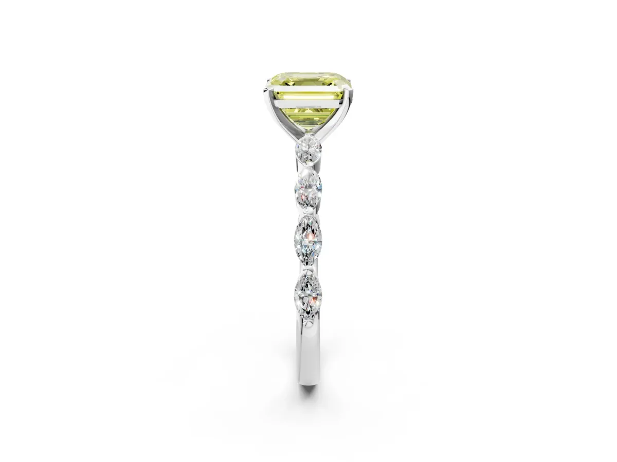Fancy Yellow Asscher Cut Diamond Ring with Marquise Side Stones and Prong Setting Platinum