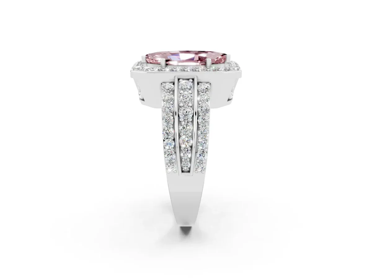 Marquise Cut Halo Morganite Ring with Round Split Shank and Prong Setting Platinum