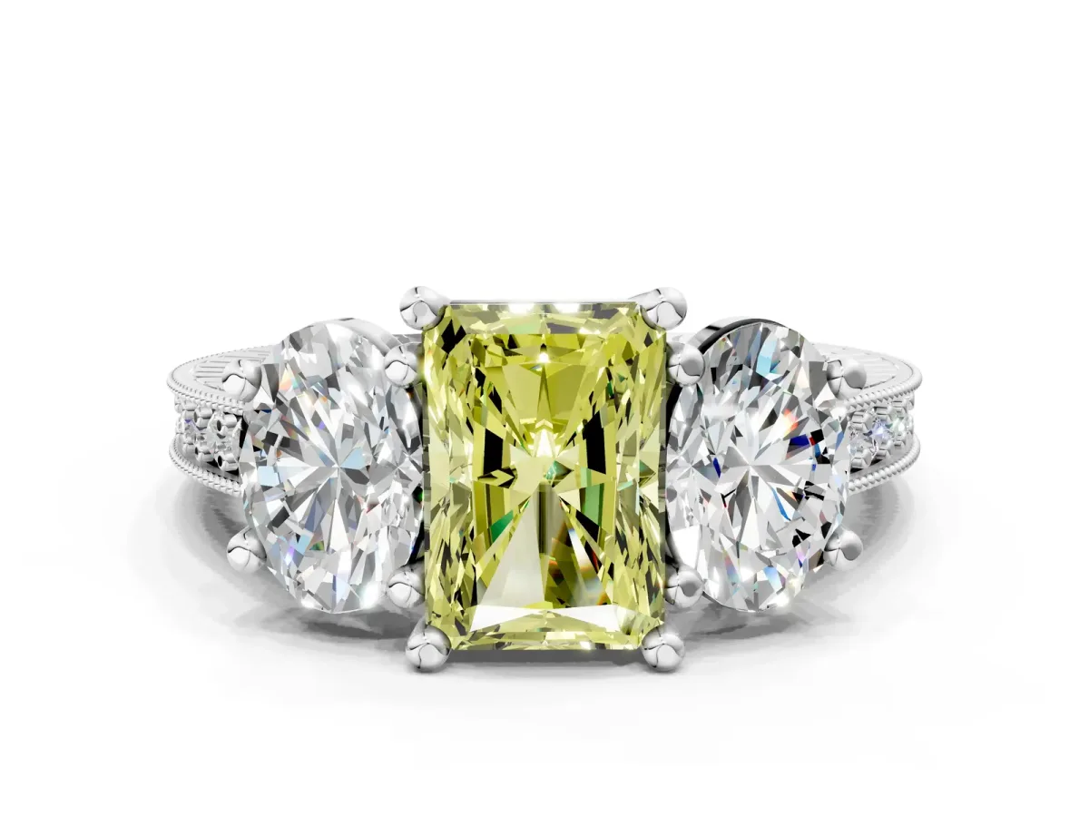 Fancy Yellow Three-Stone Radiant Cut Diamond Milgrain Pave Band with Prong Setting Platinum