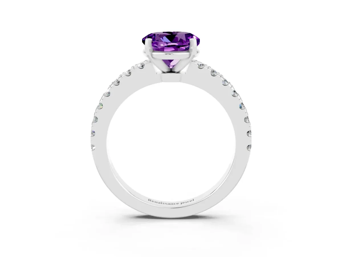 Round Cut Solitaire Amethyst with Pavé Band and Four-Prong Setting Silver