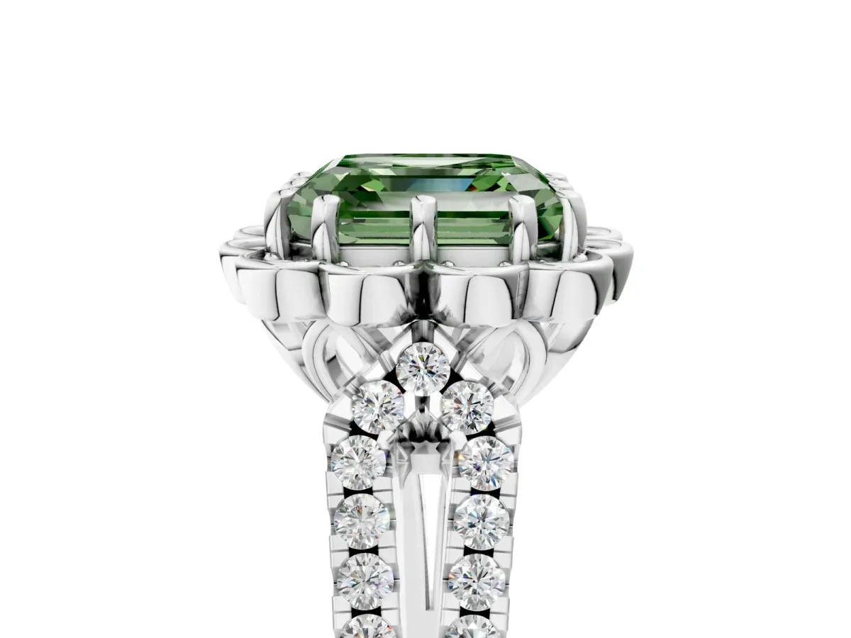 Fancy Green Asscher Cut Halo Diamond Floral Split Shank Engagement Ring Platinum