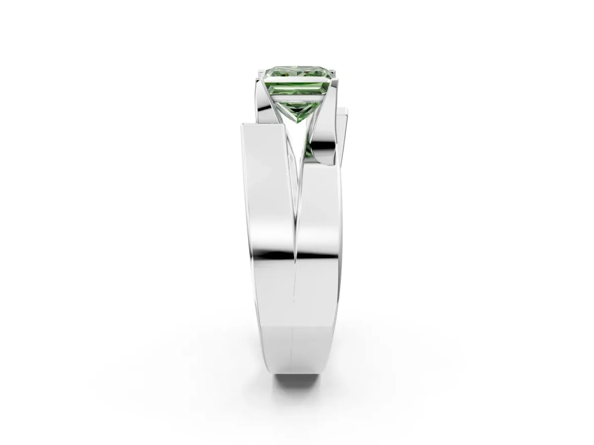 Fancy Green Modern Tension Set Princess Cut Diamond Solitaire Wide Band Ring Silver